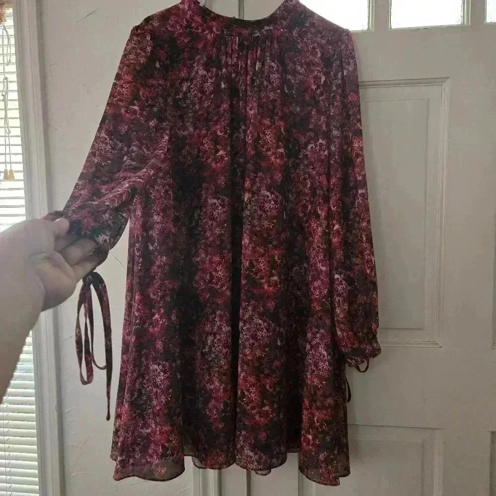 Mark + James Badgley Mischka Long Sleeve Trapeze Dress - Pink Multi Size 14 - Picture 3 of 12